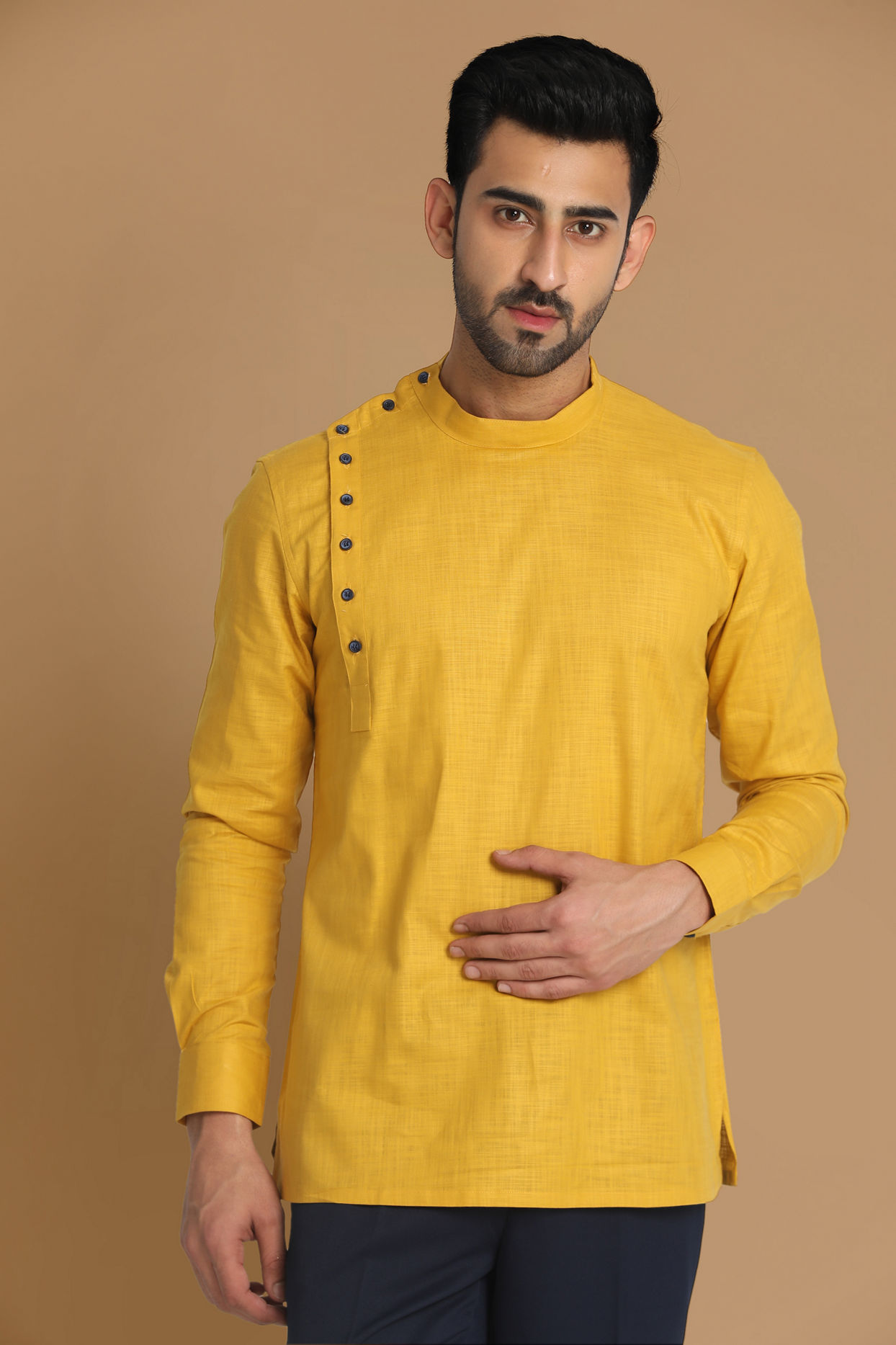 alt message - Manyavar Men Mustard Side Open Short Kurta image number 0